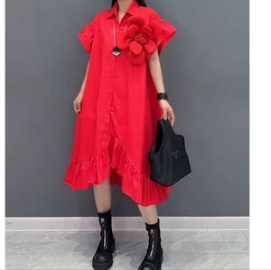 Boho Ruffle Sleeve 3D Flower Decoration A-Line Asymmetrical Midi Statement Dress